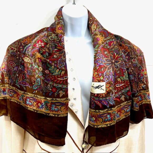 Yves Saint Laurent 100% SilkChiffon/Satin Scarf 42" Brown Red Green Floral ( 29 - Picture 7 of 15